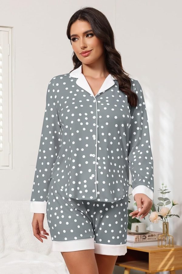71_0G2FXp6L._AC_SL1500 Button Down Pajamas Sets Women Two-Piece Satin Silk Pjs Sets Loungewear Long Sleeve Sleepwear Shorts Nightwear Sets