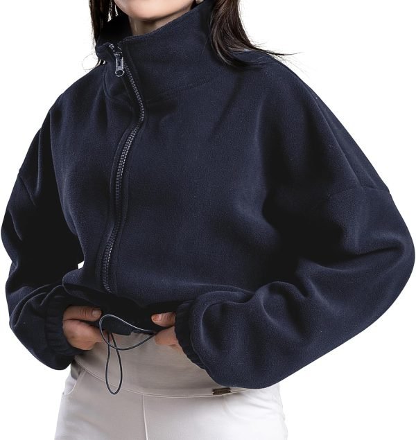 Women's Full Zip Fleece Short Jacket Oversized Athletic Running Long Sleeve Stand Collar Crop Warm Sherpa Coat