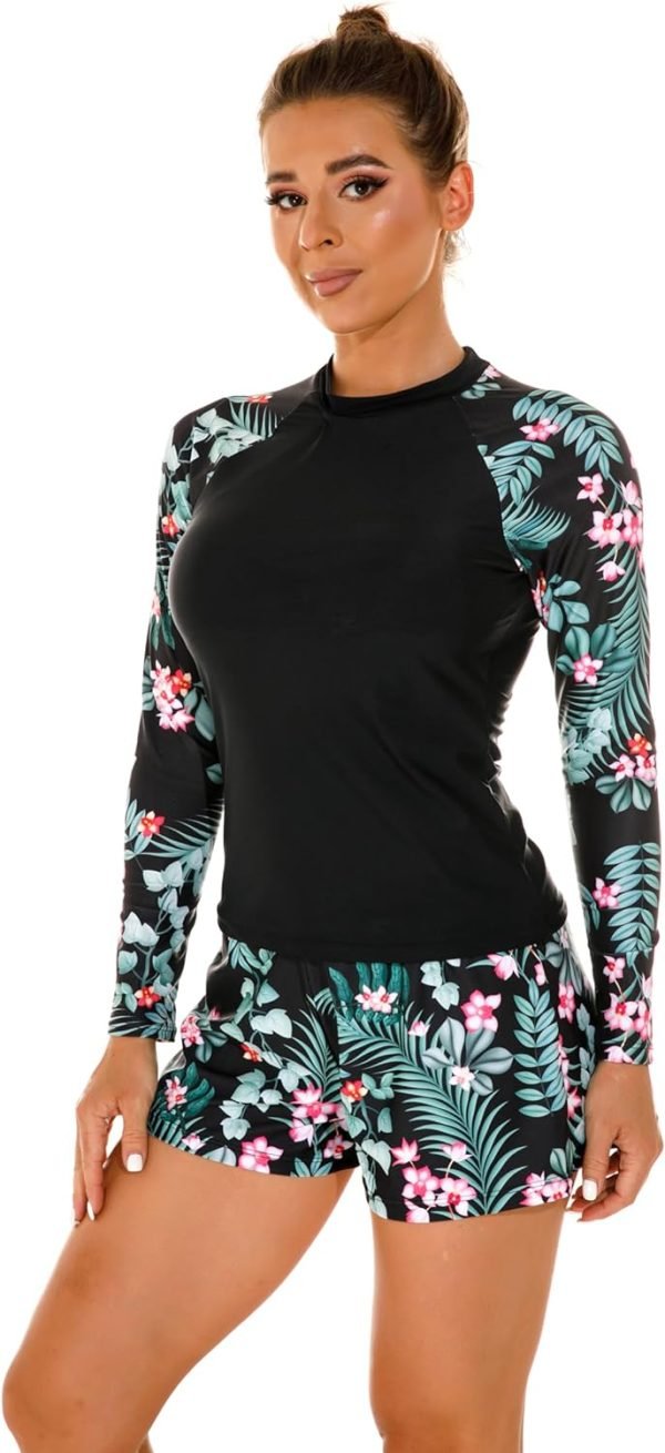 Women's Long Sleeves Rash Guard Athletic Swim Aztec Tankini Sets Swimsuit