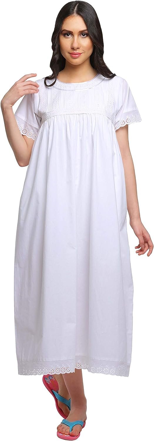 Lace Neckline Cotton Sleepwear For Ladies Womens Round Neck Nightdress