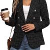 Womens Casual Blazer 2024 Spring Open Front Business Work Tweed Plaid Jacket Suit Pocket (S-XXL)