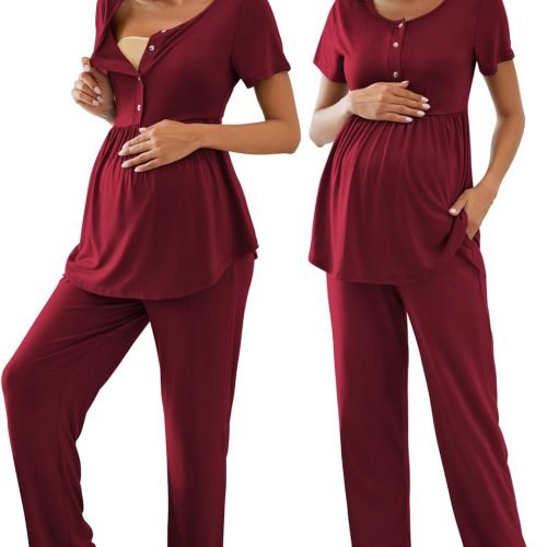 Women's Maternity Nursing Pajama Set Breastfeeding Loungewear Mama Clothes Short Sleeve Top & Pants Pregnancy PJS