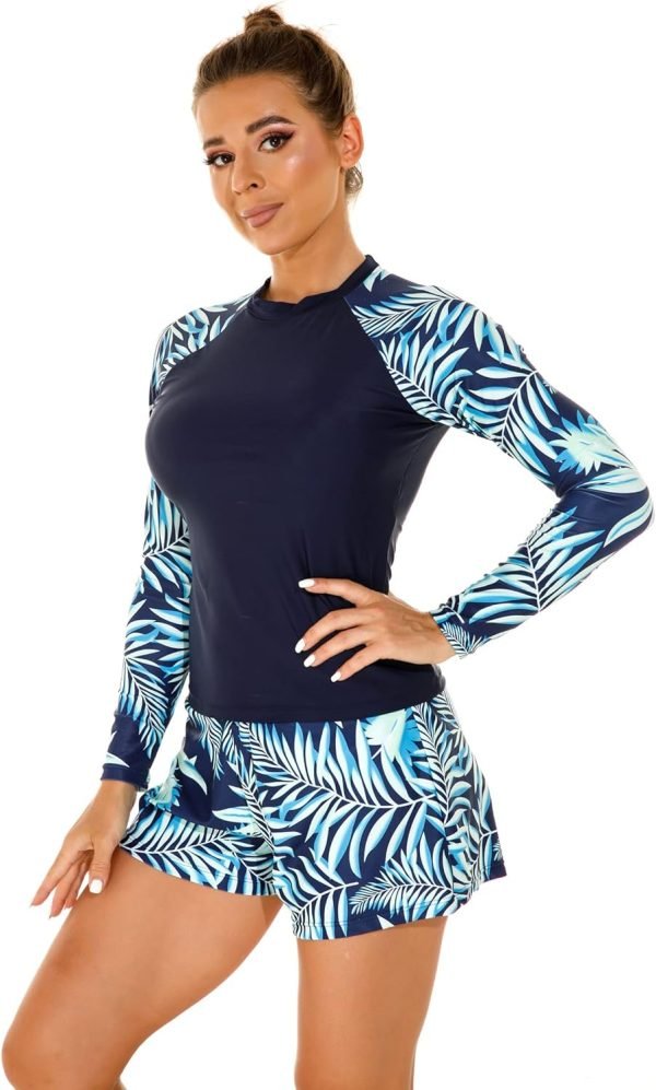 Women's Long Sleeves Rash Guard Athletic Swim Aztec Tankini Sets Swimsuit