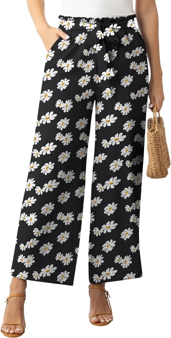 Womens Wide Leg Lounge Pants High Waisted Business Work Casual Pants Adjustable Tie Knot Loose Trousers with Pocket