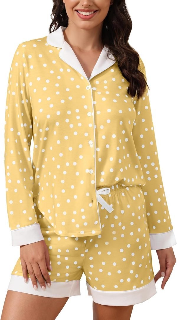 71dmMG45tEL._AC_SL1500 Button Down Pajamas Sets Women Two-Piece Satin Silk Pjs Sets Loungewear Long Sleeve Sleepwear Shorts Nightwear Sets