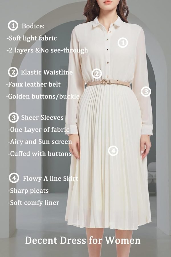 Business Casual Shirt Dress for Women Long Sleeves Pleated Midi Dresses with Belt