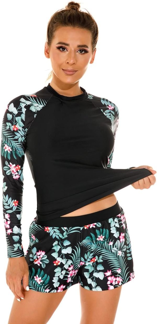 Women 2 Piece Rash Guard Long Sleeve Swimsuits Swim Shirt with Shorts Set Sun Protection UPF 50+ Surf Bathing Suits