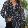 Womens Casual Boho Floral Print V Neck Long Sleeve Blouses Button Down Shirts Dressy Chiffon Loose Ruffle Tops