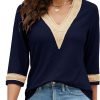 Women's Casual 3/4 Sleeve Shirts Lace V Neck Color Block Dressy Tops Trendy Hollow Floral Blouses T Shirts S-XXL