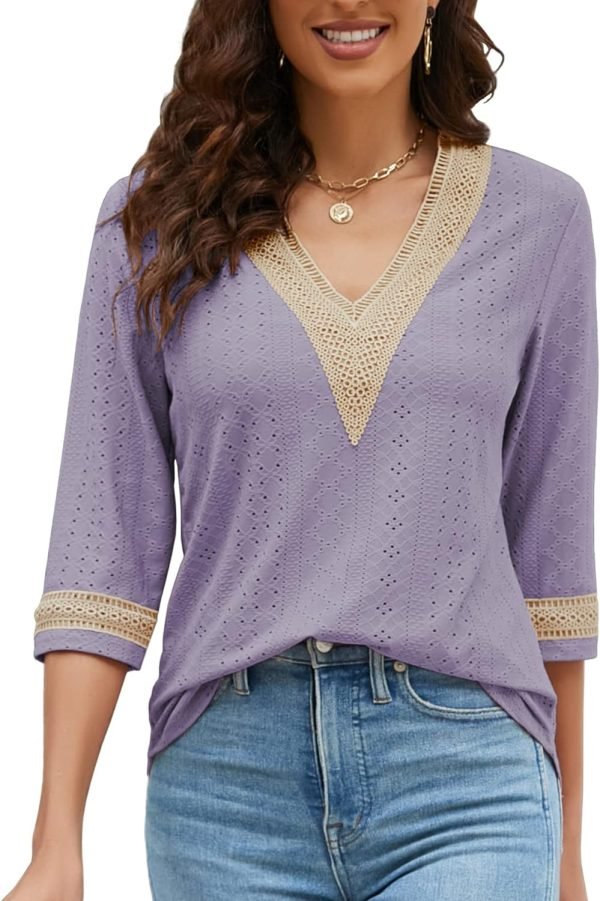 Women's Casual 3/4 Sleeve Shirts Lace V Neck Color Block Dressy Tops Trendy Hollow Floral Blouses T Shirts S-XXL