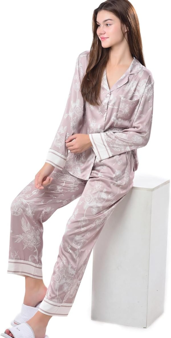 Women's Silky Satin Pajamas Set Long sleeve and Pants Sleepwear Soft and Comfy Button Down Loungewear Relaxed Fit