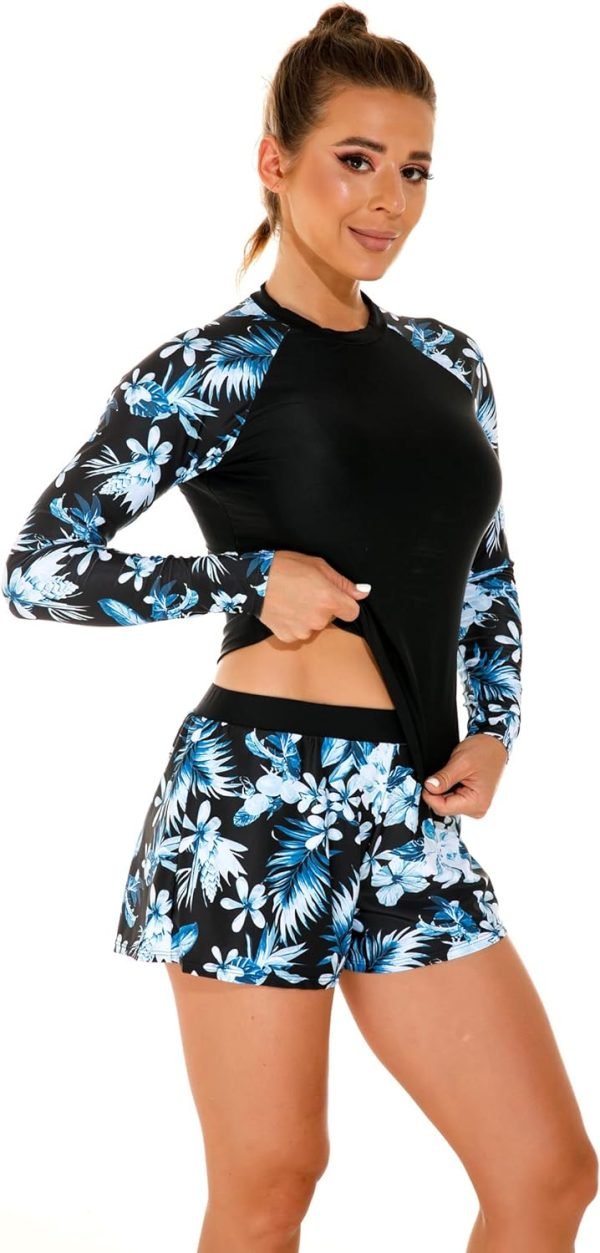 Women's Long Sleeves Rash Guard Athletic Swim Aztec Tankini Sets Swimsuit