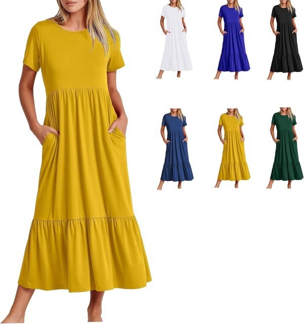 71ifZ02NMbL._AC_SL1500 Womens Summer Dresses Casual Short Sleeve Crewneck Swing Dress Casual Tiered t Shirt Dress with Pockets 2024 Trendy Outfits