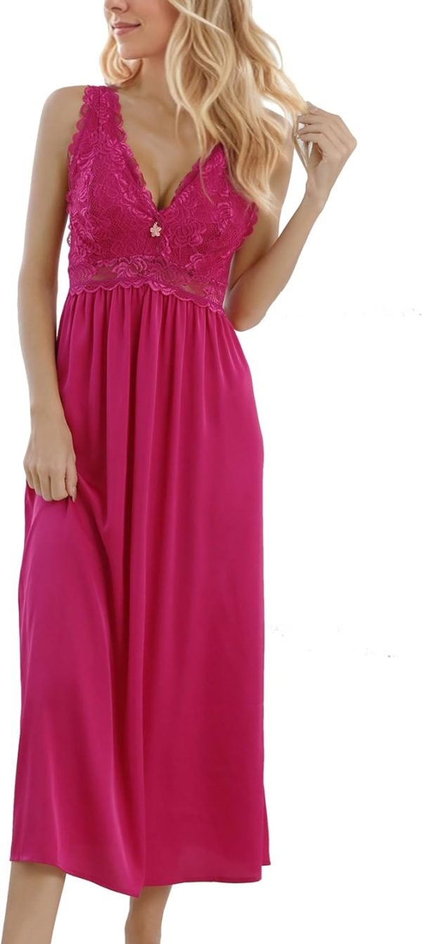 Womens Nightgown Long Sexy Silky V neck Chemise Lace Sleeveless Sleepwear for women Elegant