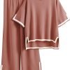 Womens Knit 2 Piece Sweater Sets Short Sleeve Pullover Tops Elastic Waist Wide Leg Pants Lounge Set