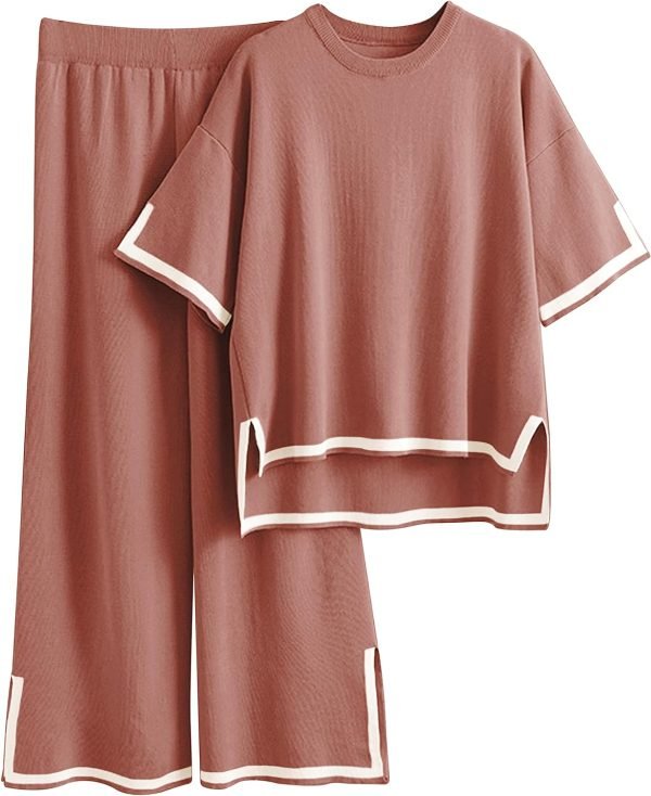 Womens Knit 2 Piece Sweater Sets Short Sleeve Pullover Tops Elastic Waist Wide Leg Pants Lounge Set