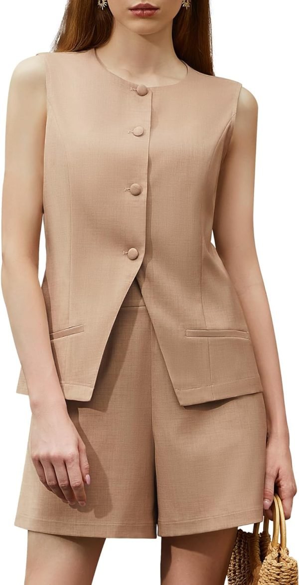 Women's Summer 2 Piece Outfits Sleeveless Round Neck Button Down High Waisted Pants 2024 Business Work Sets