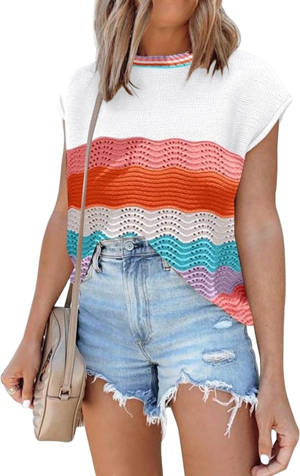 Womens Cap Sleeve Sweater Vest Summer Tops Sleeveless Tank Tops 2024 Trendy Spring Clothes Striped Short Sleeve Shirts
