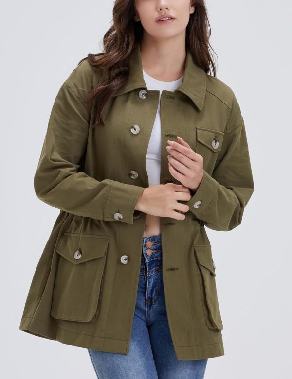 Women's Military Jacket Lightweight Button Up Utility Drawstring Waist Anorak Coat with Pockets