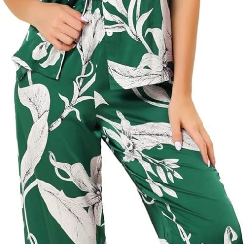 Womens Satin Floral Sleepwear Short Sleeves Button Down Tops with Pants Lounge Pajamas Sets