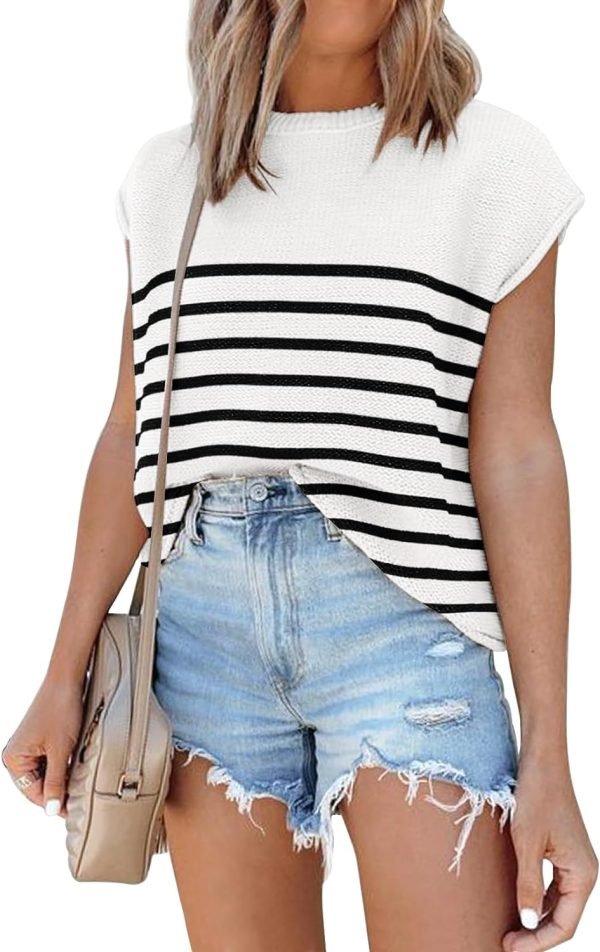 Womens Cap Sleeve Sweater Vest Summer Tops Sleeveless Tank Tops 2024 Trendy Spring Clothes Striped Short Sleeve Shirts