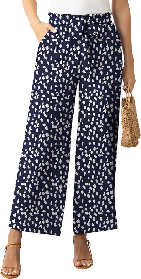 Womens Wide Leg Lounge Pants High Waisted Business Work Casual Pants Adjustable Tie Knot Loose Trousers with Pocket