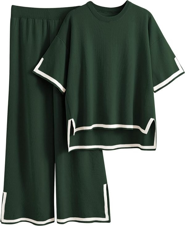 Womens Knit 2 Piece Sweater Sets Short Sleeve Pullover Tops Elastic Waist Wide Leg Pants Lounge Set