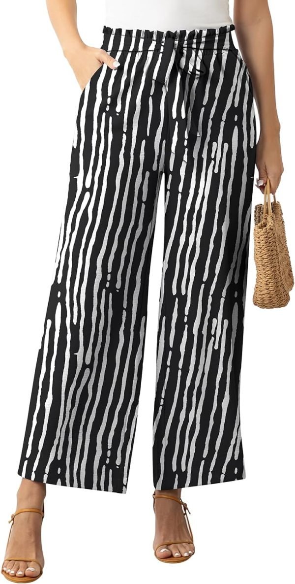 Womens Wide Leg Lounge Pants High Waisted Business Work Casual Pants Adjustable Tie Knot Loose Trousers with Pocket