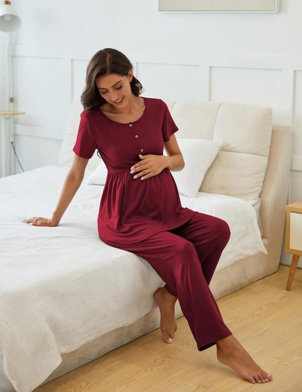 Women's Maternity Nursing Pajama Set Breastfeeding Loungewear Mama Clothes Short Sleeve Top & Pants Pregnancy PJS