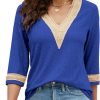 Women's Casual 3/4 Sleeve Shirts Lace V Neck Color Block Dressy Tops Trendy Hollow Floral Blouses T Shirts S-XXL