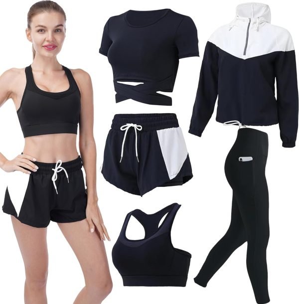 Workout Sets for Women 5 PCS Yoga Outfits Activewear Tracksuit Sets