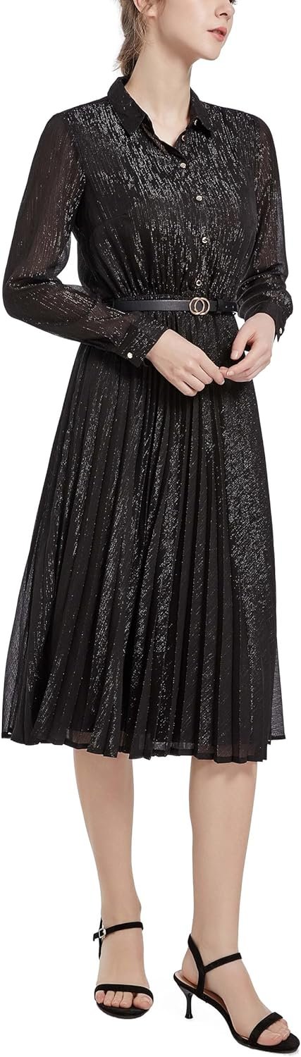 Business Casual Shirt Dress for Women Long Sleeves Pleated Midi Dresses with Belt