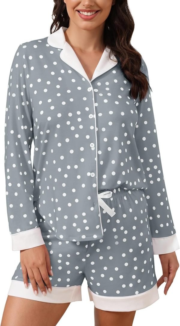 71p3b5vvGiL._AC_SL1500 Button Down Pajamas Sets Women Two-Piece Satin Silk Pjs Sets Loungewear Long Sleeve Sleepwear Shorts Nightwear Sets