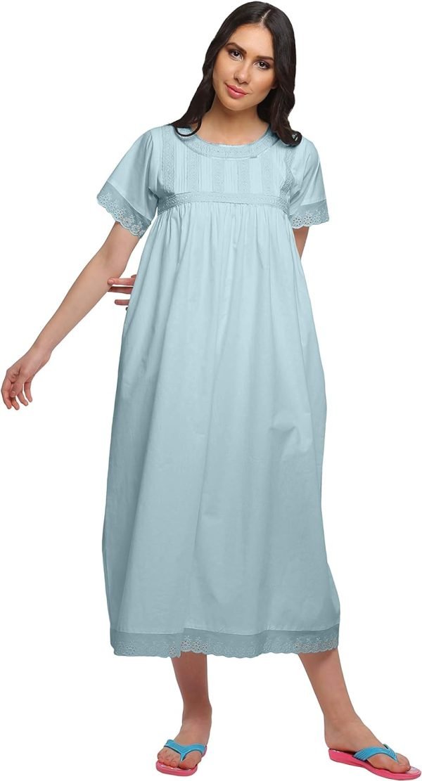 Lace Neckline Cotton Sleepwear For Ladies Womens Round Neck Nightdress