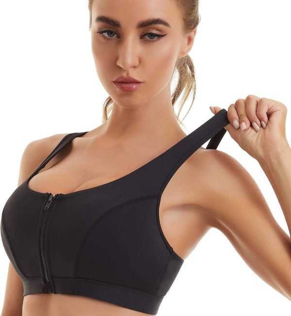 Womens Sports Bra with Zip Closure and Racerback,Wireless Bras,Four-Way Stretch Fabric with Removable Padded