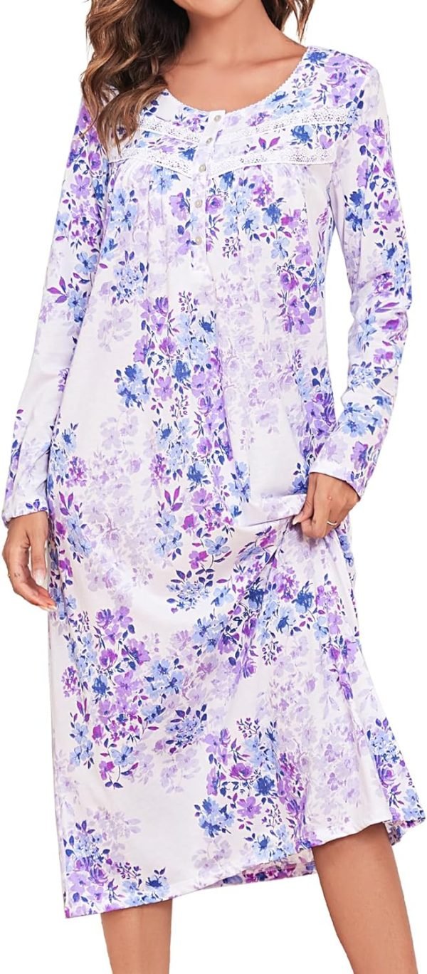 Long Cotton Nightgown Women's Long Sleeve Sleepwear Full Length Night Dress Soft Comfy Loungewear