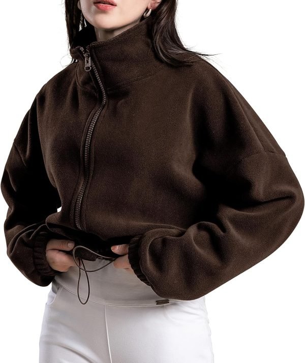 Women's Full Zip Fleece Short Jacket Oversized Athletic Running Long Sleeve Stand Collar Crop Warm Sherpa Coat