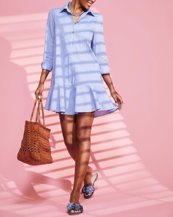 Women's Tunic Mini Shirt Dress Cotton Long Sleeve Ruffle Hem Dress Button Up Shift Chambray Dresses