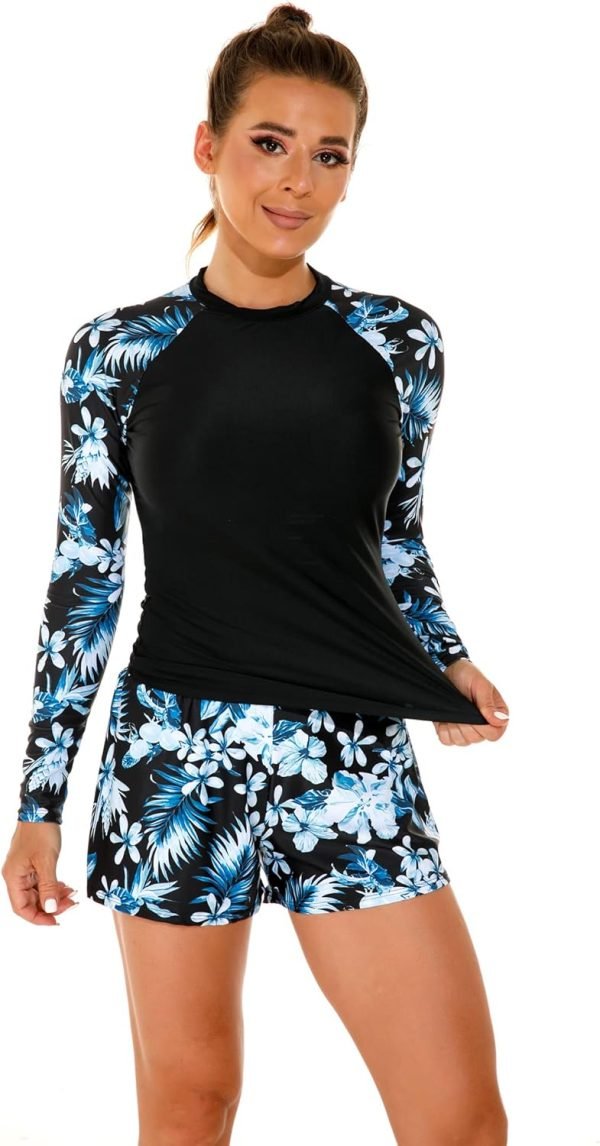 Women's Long Sleeves Rash Guard Athletic Swim Aztec Tankini Sets Swimsuit