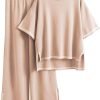 Womens Knit 2 Piece Sweater Sets Short Sleeve Pullover Tops Elastic Waist Wide Leg Pants Lounge Set