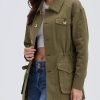 Women's Military Jacket Lightweight Button Up Utility Drawstring Waist Anorak Coat with Pockets