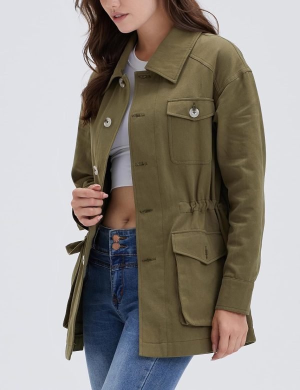 Women's Military Jacket Lightweight Button Up Utility Drawstring Waist Anorak Coat with Pockets