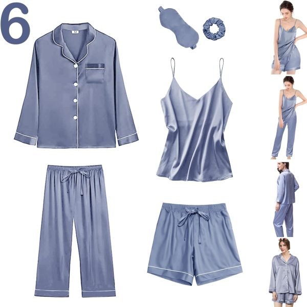 71tKnjZCGOL._AC_SL1500 6Pcs Womens Silk Satin Pajama Sets Pj Sets Long Pjs Set Pajamas Sleepwear Camisole Sexy Cami