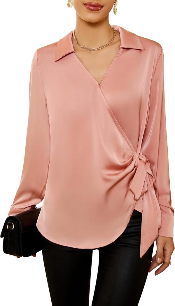 71vWh0w5ojL._AC_SL1500 Women's Satin Silk Blouses Wrap V Neck Shirts Long Sleeve Elegant Tie Waist Office Formal Work Tunic Pullover Tops