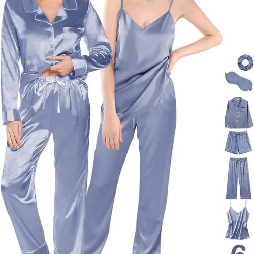 6Pcs Womens Silk Satin Pajama Sets Pj Sets Long Pjs Set Pajamas Sleepwear Camisole Sexy Cami