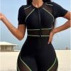 Women's Colorblock Mesh Zipper Diving Suit One Piece Swimsuit Short Sleeve Bathing Suit