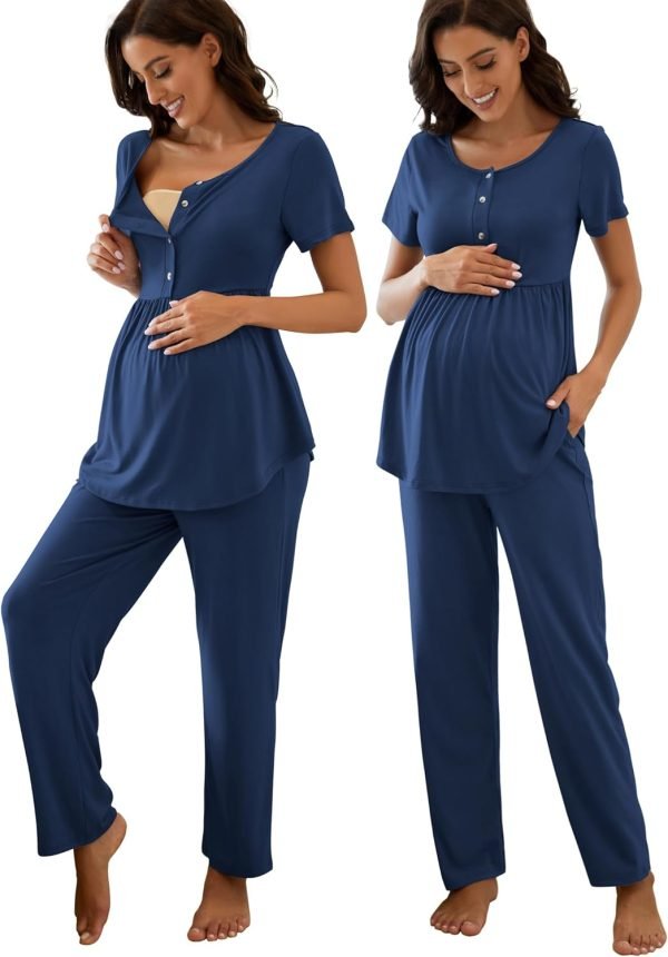 Women's Maternity Nursing Pajama Set Breastfeeding Loungewear Mama Clothes Short Sleeve Top & Pants Pregnancy PJS
