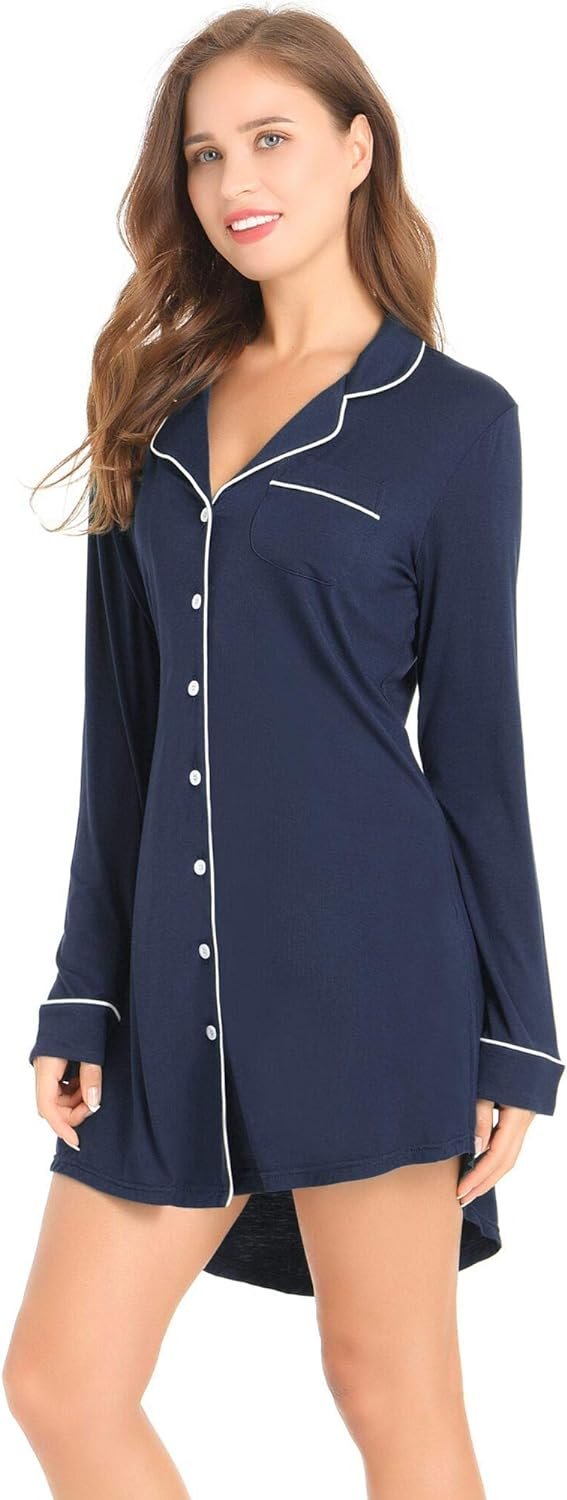 Womens Bamboo Viscose Sleep Shirt Long Sleeve Button Down Nightgowns Boyfriend Nightshirt S-XXL