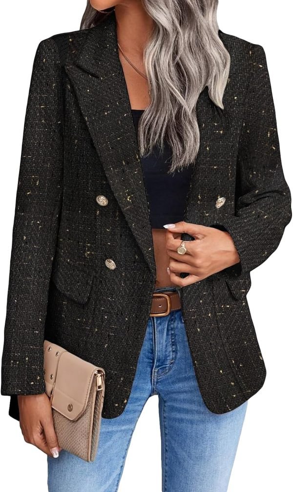 Womens Casual Blazer 2024 Spring Open Front Business Work Tweed Plaid Jacket Suit Pocket (S-XXL)