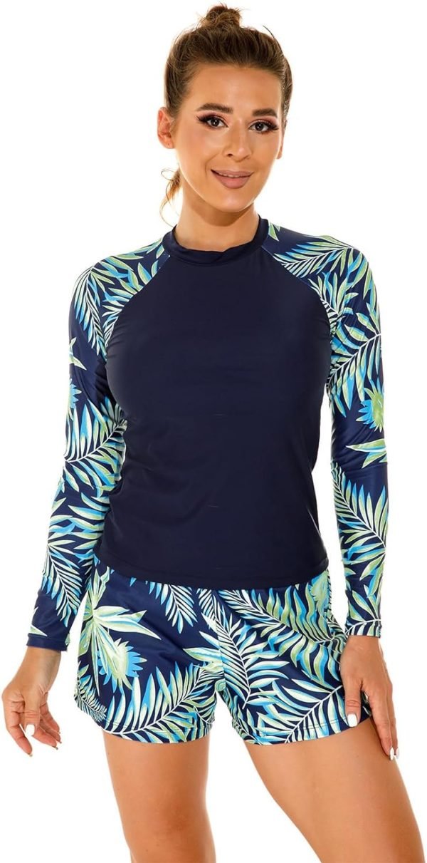 Women 2 Piece Rash Guard Long Sleeve Swimsuits Swim Shirt with Shorts Set Sun Protection UPF 50+ Surf Bathing Suits